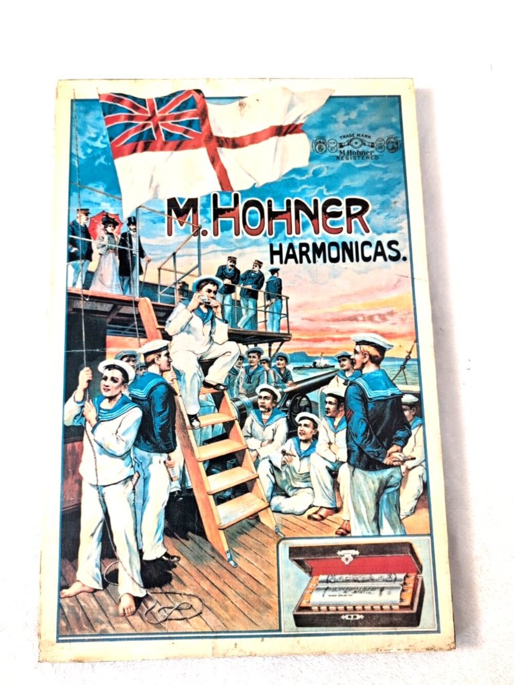 Vintage 1972 Hohner Harmonica Navy Theme Litho Sign on Plywood 11x17" Fair Rare!